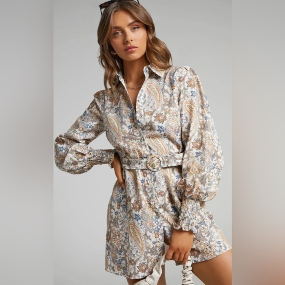 Charlie Holiday Paisley Print Linen-Blend Jager Shirtdress Size 2/XS
